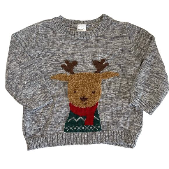 Carter's Fuzzy Reindeer Pullover Sweater Boys/Girls 18M | Gray Marled Knit - Picture 1 of 6